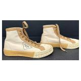 PRADA Milano High-Top Sneakers - Beige Canvas & Tan Leather, EU 39 1/2