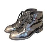 Chanel Black Patent Leather Steel Toe Ankle Boots Size 7.5
