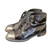 Chanel Black Patent Leather Steel Toe Ankle Boots Size 7.5