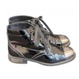 Chanel Black Patent Leather Steel Toe Ankle Boots Size 7.5