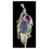 Sterling Silver Druzy Gemstone Pendant With Multi-Stone Accents