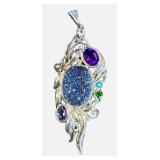 Sterling Silver Druzy Gemstone Pendant With Multi-Stone Accents