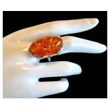Sterling Silver Amber Ring Size 9 With Large Oval Stone