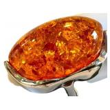 Sterling Silver Amber Ring Size 9 With Large Oval Stone