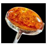 Sterling Silver Amber Ring Size 9 With Large Oval Stone