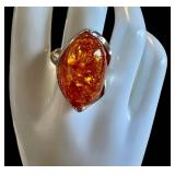 Sterling Silver Amber Ring Size 9 With Large Oval Stone