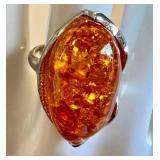Sterling Silver Amber Ring Size 9 With Large Oval Stone