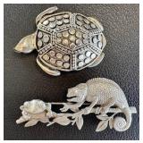 JJ Iguana & Frog Brooch, Turtle Brooch (Lot of 2)