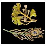 Joan Rivers Ginkgo & Metropolitan Museum of Art Peacock Feather Brooches (Lot of 2)