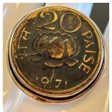 1971 India 20 Paise Lotus Coin Ring in Sterling Silver