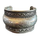 Vintage Large Tribal Design Cuff Bracelet - Silver Over Copper