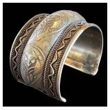Vintage Large Tribal Design Cuff Bracelet - Silver Over Copper