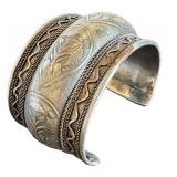 Vintage Large Tribal Design Cuff Bracelet - Silver Over Copper