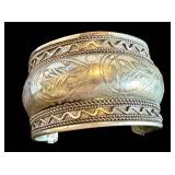 Vintage Large Tribal Design Cuff Bracelet - Silver Over Copper