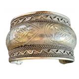 Vintage Large Tribal Design Cuff Bracelet - Silver Over Copper