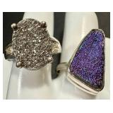 Sterling Silver Druzy Ring Duo Size 8 & 8.75 (Lot of 2)