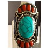 Bohemian Tibetan Sterling Ring Turquoise Coral Lapis Size 7