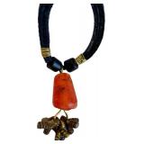 Vintage Tribal-Style Statement Necklace Brass Pendant Black Cord