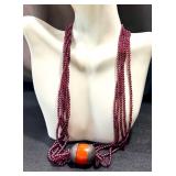 Almandine Garnet Multi Strand Necklace Carnelian Agate Pendant 21 in
