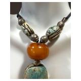 Vintage Scarab Beaded Necklace With Coin Pendant