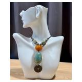 Vintage Scarab Beaded Necklace With Coin Pendant