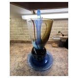 Large Unmarked Studio Art Glass Centerpiece Vase Blue Amber 15in