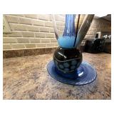 Large Unmarked Studio Art Glass Centerpiece Vase Blue Amber 15in
