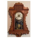 Victorian Eastlake Walnut Gingerbread Wall Clock w Glass Pendulum