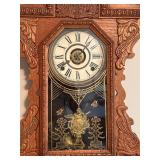 Victorian Eastlake Walnut Gingerbread Wall Clock w Glass Pendulum