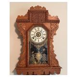 Victorian Eastlake Walnut Gingerbread Wall Clock w Glass Pendulum