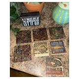 Assorted Rustic Home Decor Lot Coasters Pitcher Signs Stained Glass