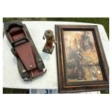 Vintage Decor Lot Framed Golfer Print Wooden Car & Golf Figurine