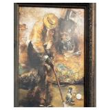 Vintage Decor Lot Framed Golfer Print Wooden Car & Golf Figurine