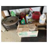 Assorted Automotive Fluids Gas Cans Oil Drain Pan Shop Supply Lot