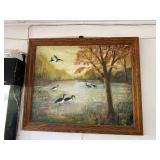 Signed Framed Autumn Lake Landscape Painting With Geese 34x28