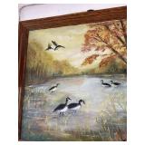 Signed Framed Autumn Lake Landscape Painting With Geese 34x28