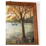 Signed Framed Autumn Lake Landscape Painting With Geese 34x28