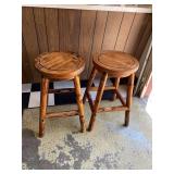 Pair of Rustic Lodge Style Log Bar Stools with Round Wood Seats