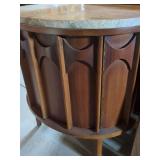 Vintage Walnut and Pecan Mid Century Kent Coffey Perspecta Nightstand / Commode End Table Faux Marble Top Cabinet