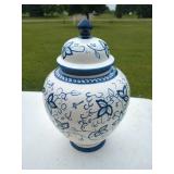 Blue White Floral Covered Ginger Jar Ceramic Urn Decor 11 Inch