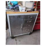 Vintage Industrial Rolling Metal Storage Cabinet w/ Drawers Wood Top