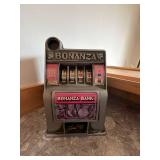 Vintage Bonanza Bank Slot Machine Coin Bank Gray Pink Countertop