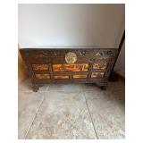 Vintage Chinese Carved Wood Trunk Chest With Glass Top
