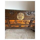 Vintage Chinese Carved Wood Trunk Chest With Glass Top