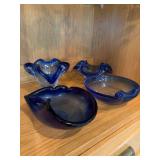 Set of 4 Cobalt Blue Art Glass Bowls & Ruffled Dishes Murano Style
