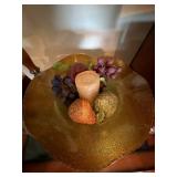 Home Decor Lot - Art Glass Centerpiece Bowl, Folk Art Crock, Deer Stone & Candle Holder