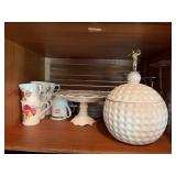 Box Lot of Assorted China, Glassware, Golf Ball Cookie Jar & Cake Stand