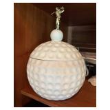 Box Lot of Assorted China, Glassware, Golf Ball Cookie Jar & Cake Stand