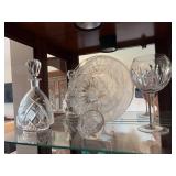 Cut Crystal Lot - Decanter, Pair Balloon Wine Goblets, Floral Platter & Bird Dish