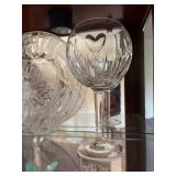 Cut Crystal Lot - Decanter, Pair Balloon Wine Goblets, Floral Platter & Bird Dish